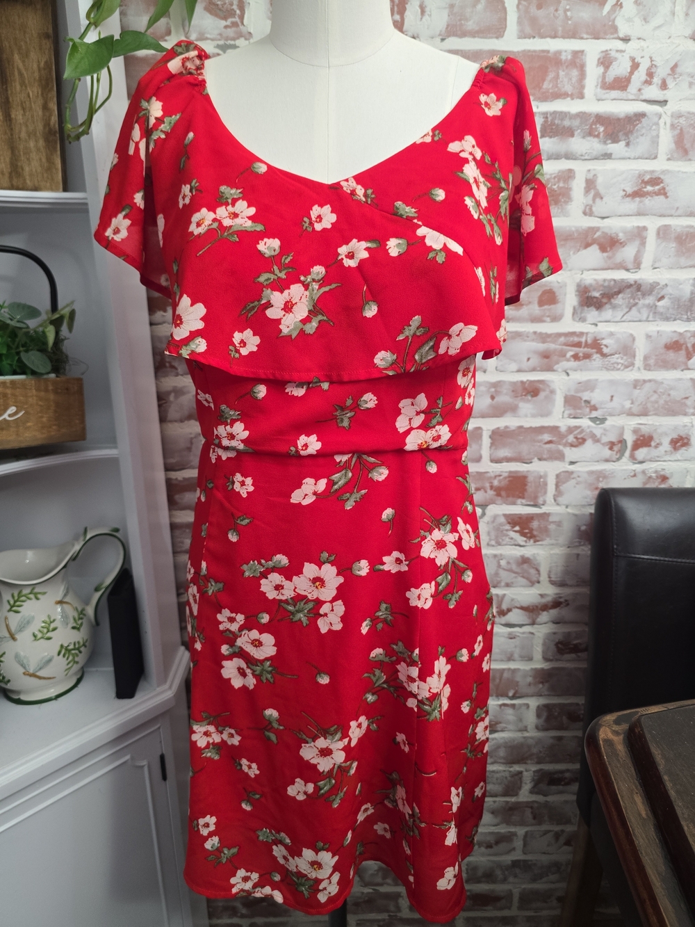 fab'rik Red Floral Midi Dress with Sweetheart Overlay